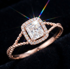 Bague en Moissanite couleur Or Rose avec pierre centrale carrée, bande torsadée Halo, bijoux de mariage et de fiançailles pour femme - Product Image 1
