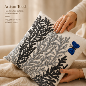 Embroidered Coral Cushion <b>Cover</b> with Butterfly Design Premium Fabric Decorative <b>Throw</b> Pillow Case for <b>Sofa</b> Hall & Bedroom Decor - Product Image 2