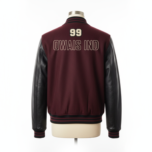 Chaqueta Varsity Marrón para Hombre con Mangas de PU Negras, Bordado 99 y Logotipo Frontal Owais Ind, Estilo Preppy, Cuello Camisero - Product Image 5