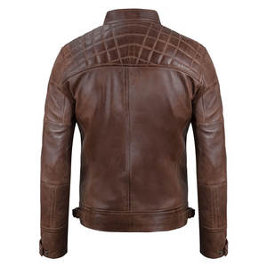 Blouson en cuir marron pour homme, style motard, café racer, avec motif, coupe ajustée, vêtement d'extérieur pour moto - Product Image 4