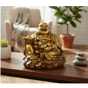 Estatua de Buda Sonriente con Acabado Dorado, Adorno Decorativo para el Hogar y la Oficina, para Mesa, Escritorio, Estante, Sala de Estar y Espacio de Trabajo, Tradicional - Product Image 1