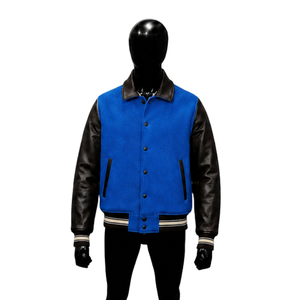 Chaqueta Varsity de Lana Azul para Hombre con Mangas de Cuero de Alta Calidad, Cuello Camisero, Estilo Casual Urbano para Otoño - Product Image 1
