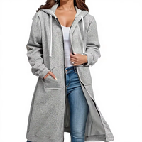 Women's Plus Size Winter Breathable Summer Mid-Length Fleece Coat Zip-Up Hoodie Curved Hem Deep Gray Stylish Casual Washed