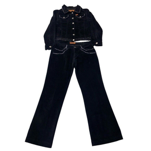 Chaleco vaquero sin mangas para mujer, cuello redondo, color liso, estilo casual, ajuste holgado, largo hasta el tobillo, tejido lavado con estampado digital, 2 piezas - Product Image 1