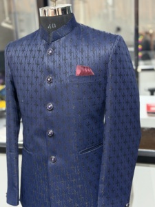 Veste Nehru formelle jacquard gaufré bleu marine pour homme, style contemporain Bandhgala, veste de costume Prince pour marié et mariage - Product Image 5