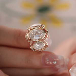 Vintage 3ct Lab Grown Diamond 14K Solid for Women Victorian Style Oval Old Mine Cut Milgrain Bezel Three Stone <b>Statement</b> <b>Ring</b> - Product Image 5