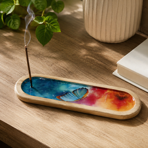 Plateau en bois imprimé papillon pour attraper les cendres d'encens |   Porte-encens décoratif pour la méditation, le yoga, l'aromathérapie, la décoration de la maison - Product Image 2