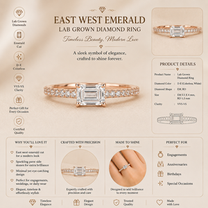Bague en or 18 carats avec diamant de laboratoire taille émeraude |   Bande de pierres pavées East West |   Bijoux fins pour femmes |   Cadeau de fiançailles - Product Image 6
