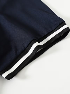 Men's Navy Blue O-Neck Short Sleeve T-Shirt Slim Fit Contrast Trim Knitted Casual Solid Color - Product Image 3