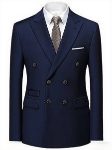 Costume d'affaires bleu marine croisé pour homme, col cranté, en mélange de laine infroissable, tenue formelle - Product Image 2