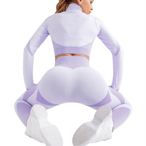 Ensemble 2 pièces sportif taille haute pour femme, haut court à col roulé à manches longues, tricoté, color block, avec fermeture éclair, écoresponsable - Product Image 5