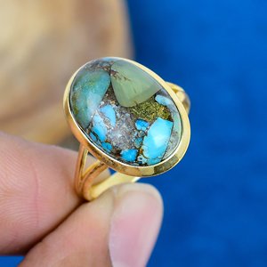 Handmade Boulder <b>Turquoise</b> Oval Shape Gemstone <b>Ring</b> 18k Gold Micron Over 925 Sterling Silver <b>Ring</b> - Product Image 1
