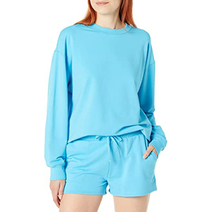 Ensemble décontracté deux pièces pour femme : sweat-shirt oversize bleu ciel et short, avec logo personnalisé, en molleton de coton à col ras du cou - Product Image 5