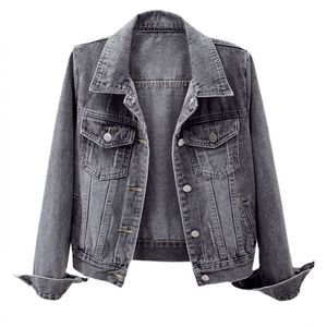 Veste en jean unisexe noire délavée, col rabattu, coupe courte, style décontracté, manches classiques, fermeture boutonnée, coupe ajustée, pour l'automne - Product Image 2