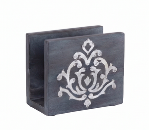 Vintage Wood <b>Napkin</b> Holder With <b>Silver</b> Damask Design Free Standing Tissue Box Stand For Hotel Home And Kitchen Use - Product Image 1