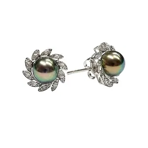 Women's Jewelry 18k Solid White Gold Grey Fresh Water Pearl with Diamond Stud Earrings