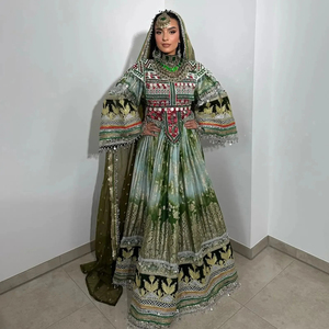 Vestido Afgano Tradicional Real, Color Sólido Brillante, Vestido Kuchi Afgano con Bordado Geométrico, Dupatta a Juego, Vestido Kuchi Afgano - Product Image 5