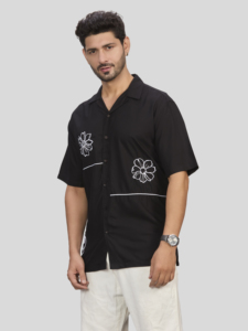 Men's Winter Black Short Sleeve Embroidered Floral Casual <b>Shirt</b> with Turn Collar Eco-Friendly Breathable White Stitching Detail - Product Image 4