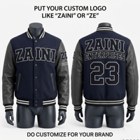 430 GSM schwere Wollmischung, marineblauer Körper, graue PU-Lederärmel, Varsity-Jacke mit individuellem Chenille-Sticklogo, Varsity-Jacke für Herren