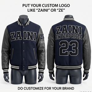 Chaqueta Varsity para hombre de mezcla de lana gruesa de 430 GSM, color azul marino, con mangas de cuero PU gris, logotipo bordado en chenilla personalizado. - Product Image 1