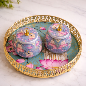 Plateau contemporain en métal doré allemand avec pot, ensemble cadeau Diwali pour fête - Product Image 1