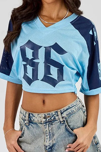 <b>Top</b> Selling Custom Logo Light Blue Varsity T-Shirt With Navy Sleeve Panelling Midweight <b>Mesh</b> Fabric V-Neck T Shirts For <b>Women</b> - Product Image 3