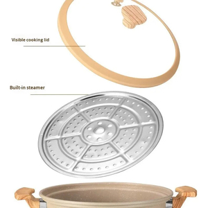 Ensemble de casseroles en céramique avec couvercle en verre, poignées en bois, compatible four, design minimaliste pour cuisinières à gaz et à induction - Product Image 3