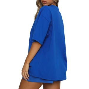 Conjunto de 2 Piezas de Shorts de Punto Azul Claro para Mujer, Cuello Redondo, Manga Corta, Corte Holgado, Casual, Primavera Verano, Color Sólido, con Bolsillo - Product Image 2