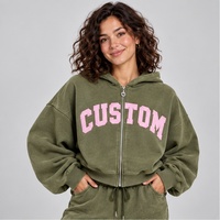 Sweat-shirts à capuche zippés décontractés pour femmes, couleur vert olive uni, coupe courte à épaules tombantes, personnalisables avec logo, vente en gros EEW