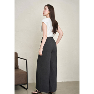 Pantalon décontracté taille haute gris à jambe droite avec fermeture éclair et bouton, teint uni, pour femme, automne, bureau, devant asymétrique LINDA - Product Image 3