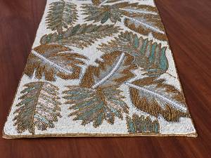 Chemin de table rectangulaire en tissu brodé à la main, style bohème, motif feuille, pour table à manger - Product Image 1