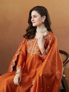 <b>Women</b> <b>for</b> Orange VICHITRA Silk Quick Dry Anarkali <b>Kurti</b> Set with Dupatta Gold Embroidered Ankle-Length Ethnic Wedding Dress - Product Image 4