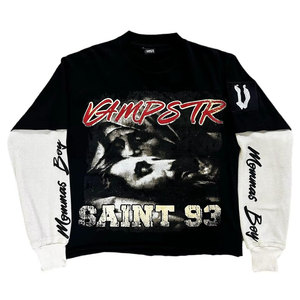 T-shirt noir surdimensionné à manches longues avec impression photo Saint 93 Streetwear, haut en coton tricoté à col rond pour homme - Product Image 3