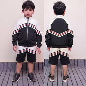 High Selling Custom Logo Multi Lines Black White Kids Nylon Wind Breaker <b>Sets</b> Suit For Summer Outwear Streetwear Jackets Shorts - Product Image 4