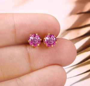 Boucles d'oreilles en saphir rose de Ceylan, en argent sterling 925, plaqué or 14 carats, clous ronds, bijoux fins pour femmes - Product Image 3