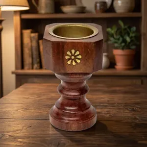 Wooden Dhoop Holder with Brass Cup Handmade Wood Incense Burner Stand for Dhoop Batti Bakhoor Loban <b>Home</b> <b>Temple</b> Prayer - Product Image 5