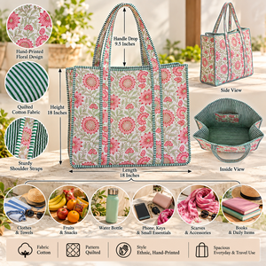 กระเป๋าโท้ทผ้าฝ้ายเย็บมือสีเขียวอ่อน ลายดอกไม้สีสันสดใส สไตล์โบโฮ - Product Image 6