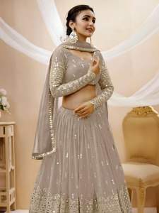 Elegant Grey Chiffon Bridesmaid Lehenga With <b>Sequined</b> Embroidery A-Line Floor-Length <b>Crop</b> <b>Top</b> Dress Long Sleeve Scoop Neck - Product Image 2