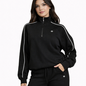 Ensemble de survêtement noir pour femme, coupe décontractée, sweat-shirt à demi-zip et pantalon de jogging large, style streetwear, tenue d'entraînement, fournisseur OEM en gros - Product Image 2