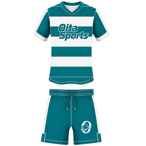 Conjunto de Uniforme de Rugby de Manga Corta en Blanco y Verde Azulado, Jersey de Rugby a Rayas con Cuello Redondo, Pantalones Cortos con Cordón, Ropa Deportiva para Entrenamiento y Equipo - Product Image 1