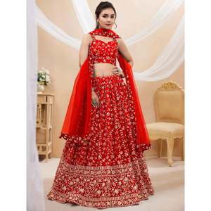Plus Size Women's Stunning <b>Red</b> <b>Sequins</b> Georgette Sangeet Lehenga Choli Set - Product Image 1