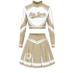 Beige <b>White</b> Sublimated Cheer <b>Long</b> Sleeve Uniform Set Pleated <b>Skirt</b> Athletic Team Sportswear Training Practice Performance - Product Image 2