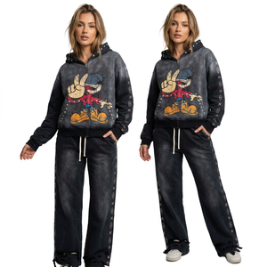 Men Mickey Mouse Printed Solid Split Hem Leopard Hooded Tracksuit Full Length Zipper Front Casual Loose Fit Autumn Wear - Product Image 1