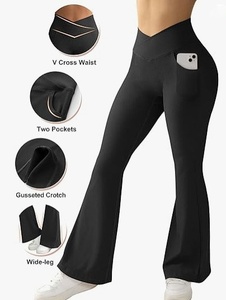 Wholesale Custom Ribbed <b>Flare</b> Pants V Waist Fitness Yoga <b>Leggings</b> With Pocket - Product Image 2