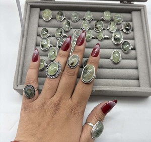 Natural Prehnite Brass Silver Plated Handmade Gemstone Oval Bezel Setting <b>Ring</b> Unisex Designer Trendy - Product Image 3