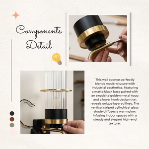 Artisan Modern Brass & Black Wall Sconce, Fluted Glass Cylinder <b>Light</b> Fixture <b>with</b> J-Hook Arm for Living Room - Product Image 3