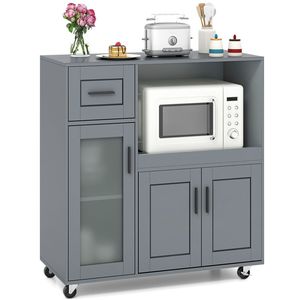 Carrello da Cucina Grigio con Ruote Girevoli a 360 Gradi, Acciaio al Carbonio, Ripiano per Microonde, Cassetto, Armadietto a 2 Ante in Vetro, Portatile - Product Image 1