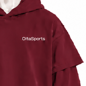 Maroon Double Layer <b>Hoodie</b> Heavyweight <b>Short</b> <b>Sleeve</b> Overlay Long <b>Sleeve</b> Pullover Oversized Casual Streetwear Hooded Sweatshirt - Product Image 6