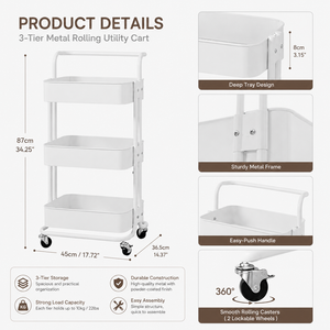 Carrito de almacenamiento rodante blanco de 3 niveles con ruedas para baño, oficina, cocina, sala de estar, diseño minimalista, fácil limpieza - Product Image 2