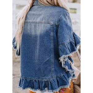 Chaquetas vaqueras con estampado gótico de moda para mujer 2025 Y2K abrigo de manga corta con botones y decoración de diamantes estilo lavado con volantes - Product Image 3